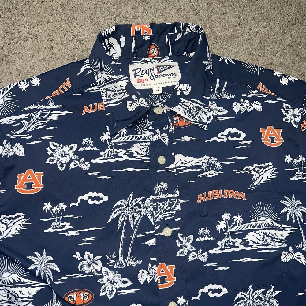 Reyn Spooner Hawaiian Shirt Mens M Auburn University Allover Print